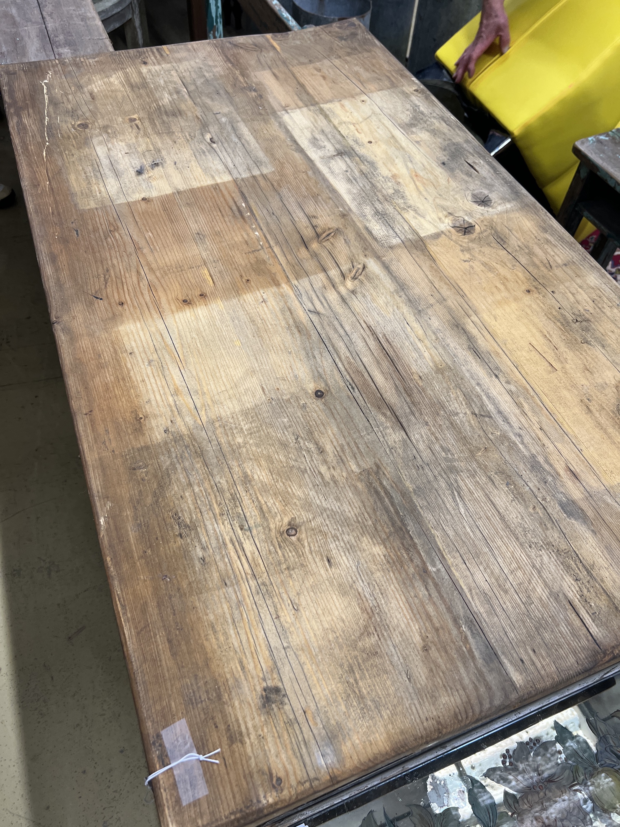 A rectangular Victorian style pine kitchen table, width 119cm, depth 67cm, height 75cm